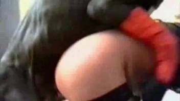 Teen in green wig being pounded roughly by a black dog